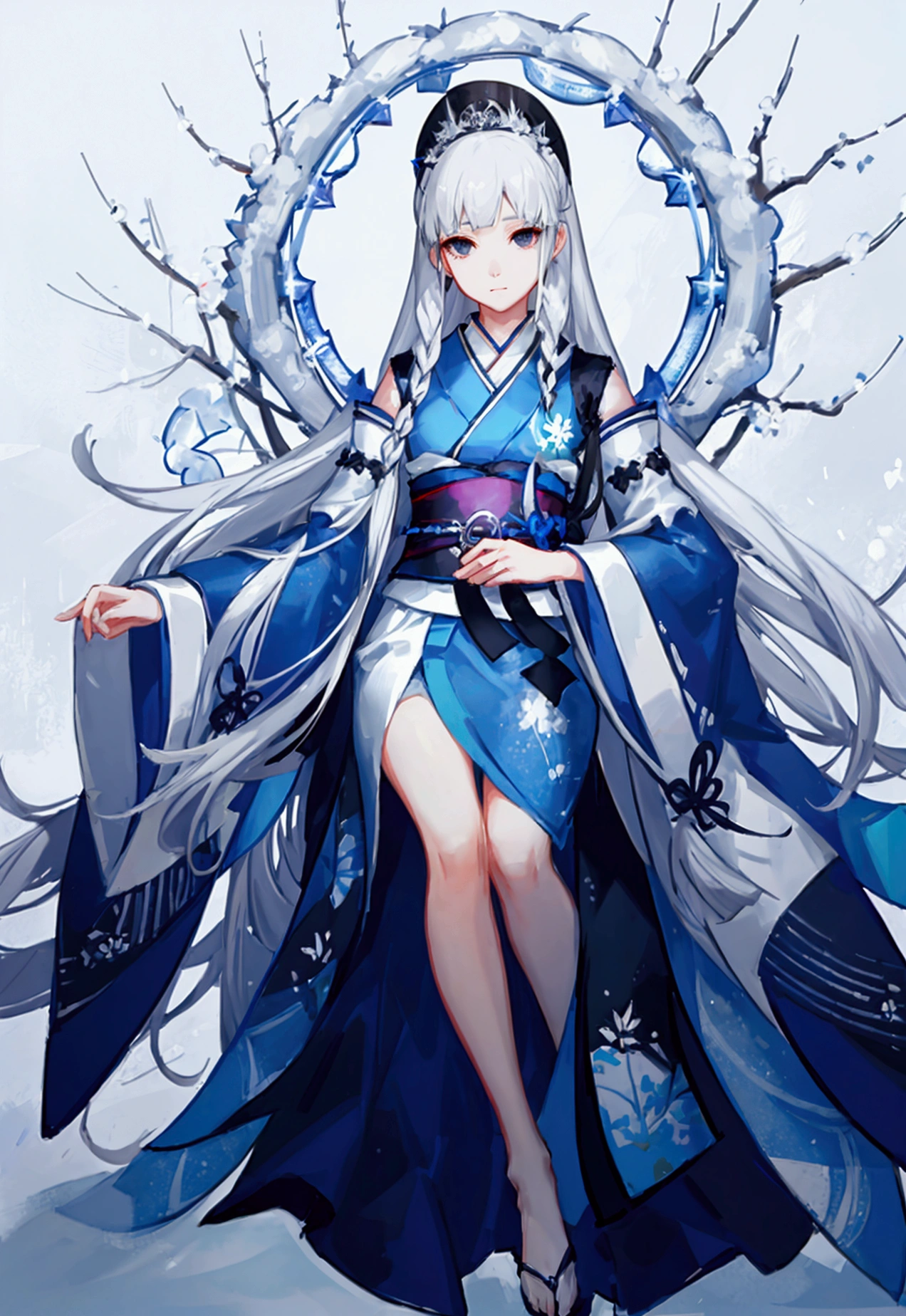 Beautiful snow woman girl, Long silver hair, His shoulders are bare., black eye, White and blue kimono, Thin legs, Princess Yukiko