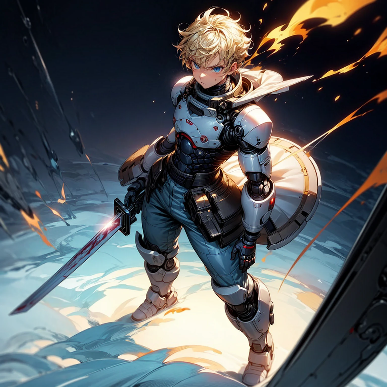 Ultra detailed, full background, Full body version, Grassroots, background in snow field, (solo, boy, cyborg, big muscle, blue eyes, angry eyes, blonde color hair, short Curly hairstyle, pants, Boots), full robotic outfit, high angle view, smoke effect, fire effect, lighting effect on sword, lighting laser, sword robot in hand, lighting gold on sword, plasma effect, blood on background, standing gesture