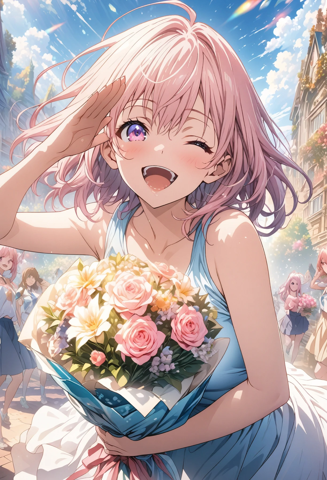 masterpiece, Highest quality, Highly detailed CG Unity 8K wallpapers, High School Girl Anime Illustration. Wear an oversized tank top、Holding a colorful bouquet、salute、she has her eyes closed and mouth open, smile. The background is a light pastel colored landscape.., Pink Hair Color, Pink Eyes
