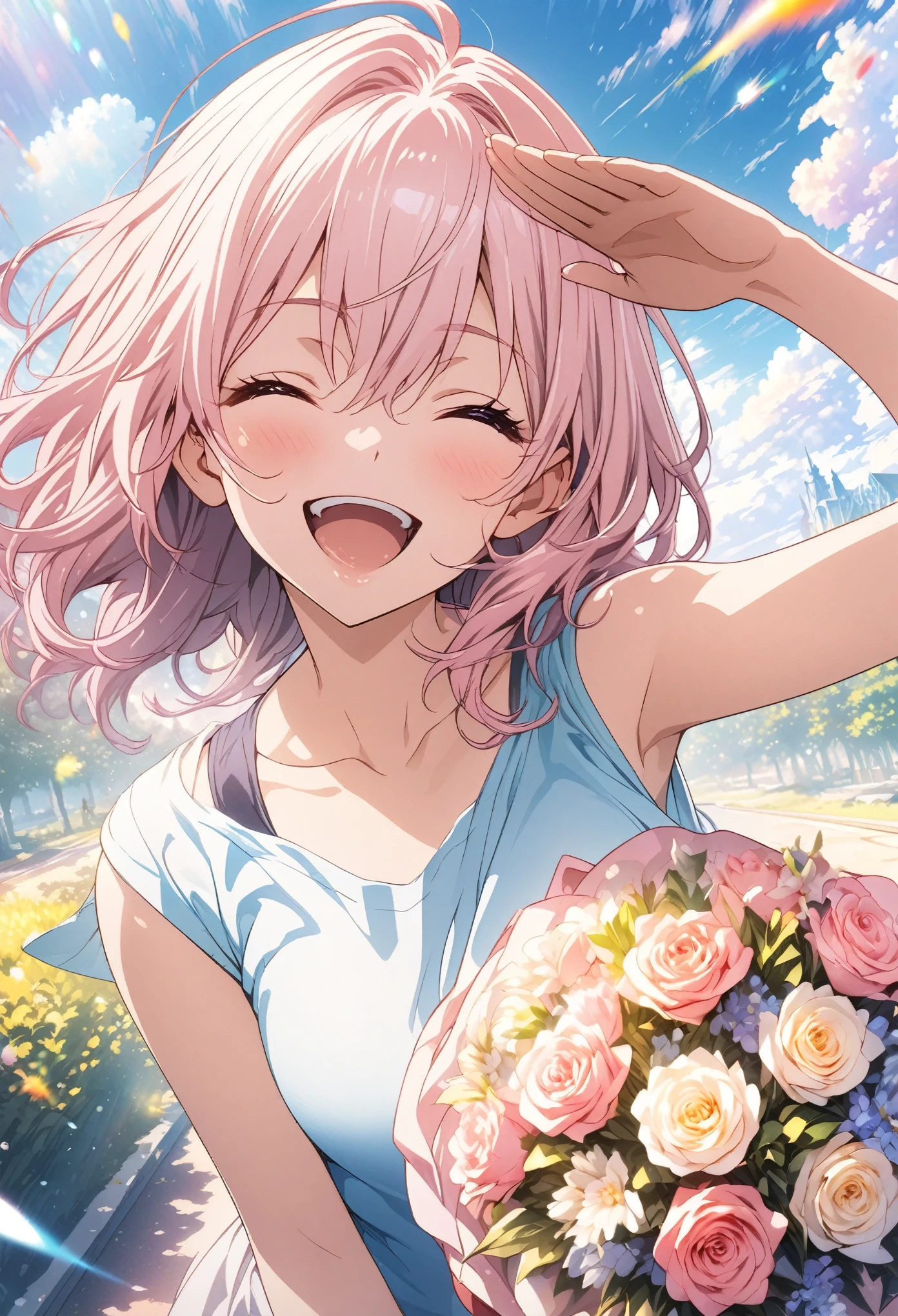 masterpiece, Highest quality, Highly detailed CG Unity 8K wallpapers, High School Girl Anime Illustration. Wear an oversized tank top、Holding a colorful bouquet、salute、she has her eyes closed and mouth open, smile. The background is a light pastel colored landscape.., Pink Hair Color, Pink Eyes