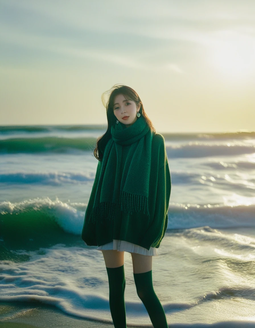 ulzzang, naver fanpop, streaming on twitch, ffffound, 8K, solo, full body, long legs, sweater, Dark green scarf, sea, The glimmer of the sea, KODAK Ektar 100, (Film grain:1.2), light particles, looking at viewer, earrings, sunshine,