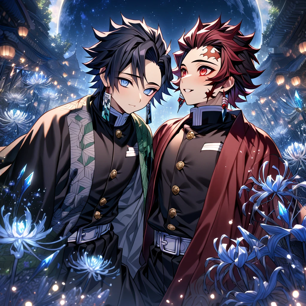 absurdres, highres, ultra detailed, HDR, master piece, best quality, extremely detailed, Kamado Tanjirou, red burgundy hair, expressive red eyes, Kimetsu No Yaiba, Tomioka Giyuu, black hair, expressive blue eyes, two sexy men together, yaoi, gay couple, handsome, smile, demon slayer uniform, fantasy, sparkling, blue glittering fireflies, ice, blue blossoms, blue spider lilies, blue sparkling lights, starry sky, magical, crystal, blue moon, cold night