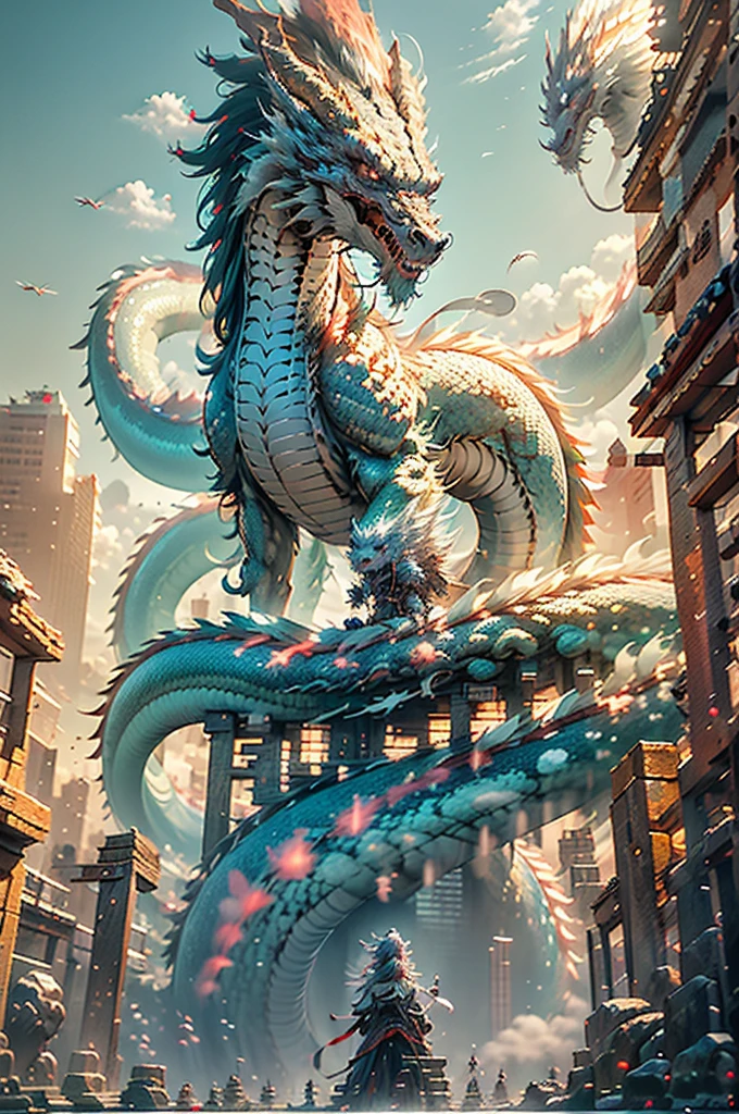 The Chinese White Divine Dragon soared into the air，（Girl manipulates dragons：1.3），（The girl has her back to the camera：1.3），Sky clouds surround the surroundings，Light magic，Fantastic background，Meaning background，Ridiculous background，There are artistic overlayulticolored hair, surrealism, Cinematic lighting, Ray tracing, god light, speed-line, angle of view, hyper HD, Masterpiece, Best quality, Super detail, A high resolution, High quality，（Far view：1.3）