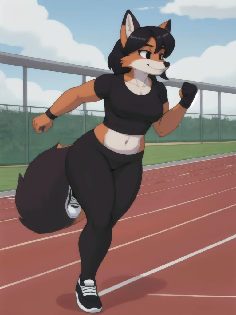 Furry, fox, female, black shirt, black leggings, shoes, running track, solo, full body