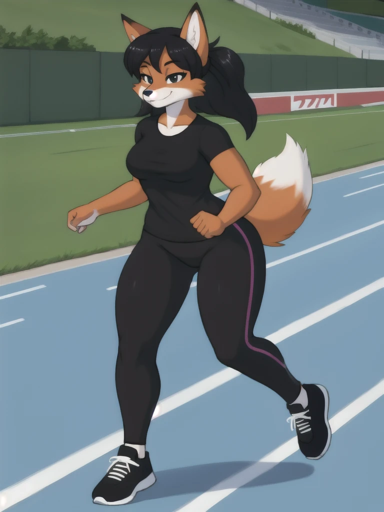 Furry, fox, female, black shirt, black leggings, shoes, running track, solo, full body