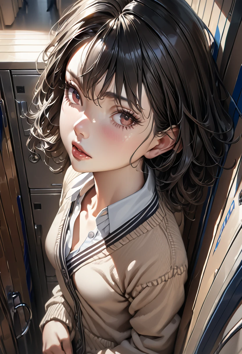 (((masterpiece) (((((best quality))))((high resolution))))), Very detailed, Ultra-realistic, )、、Lockersルーム、Cardigan、White、White、Black Hair、Small Breasts、Lockers