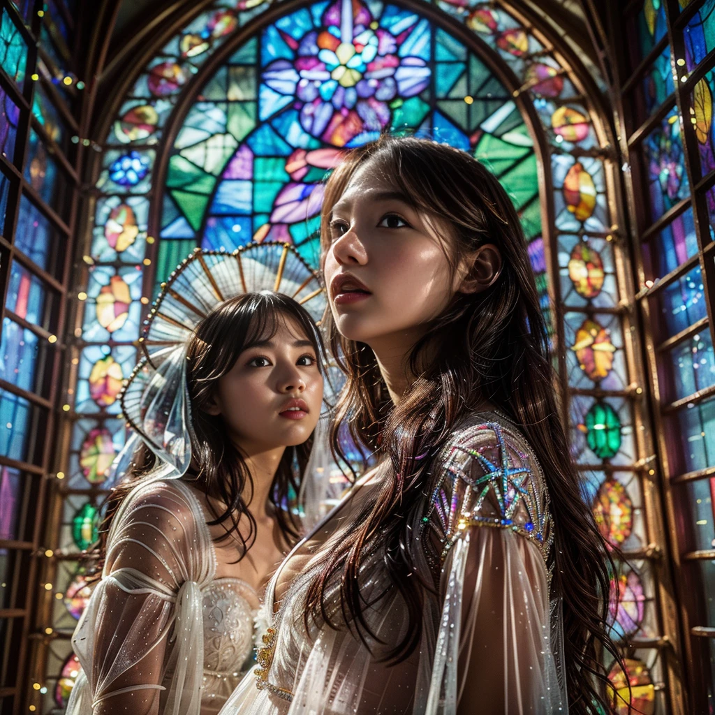(Cathedral from below:1.28) (ZoomLayer) TopQuality 8K masterpiece of ((Professional photo)), (((Clarisse de Cagliostro))) (Detailed White WeddingDresses), Chain, (((Extremely detailed KAWAII face))) {((VeiledFace))|BlondeHair|(Elaborate BuleEyes)with(SparklingHighlights:1.28)}, The background is distant (((Elaborate stained glass))) Rainbow Glass, {(MysticSight)|EnchantingAtmosphere|Haze|(GodRays)|TyndallEffect}, Radiant PearlSkin with Transparency, (Exposed:0.39)