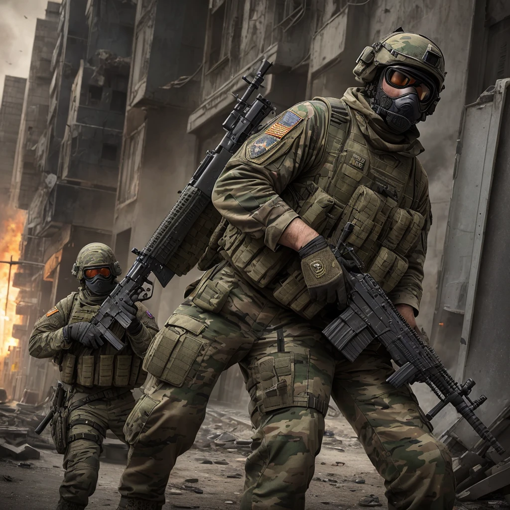 a highly detailed anthropomorphic cat in tactical special forces military uniform, military camouflage pattern, holding assault rifle, intense facial expression, explosions in the background, war-torn urban environment, dramatic lighting, cinematic composition, gritty military aesthetic, realistic textures, muted color palette