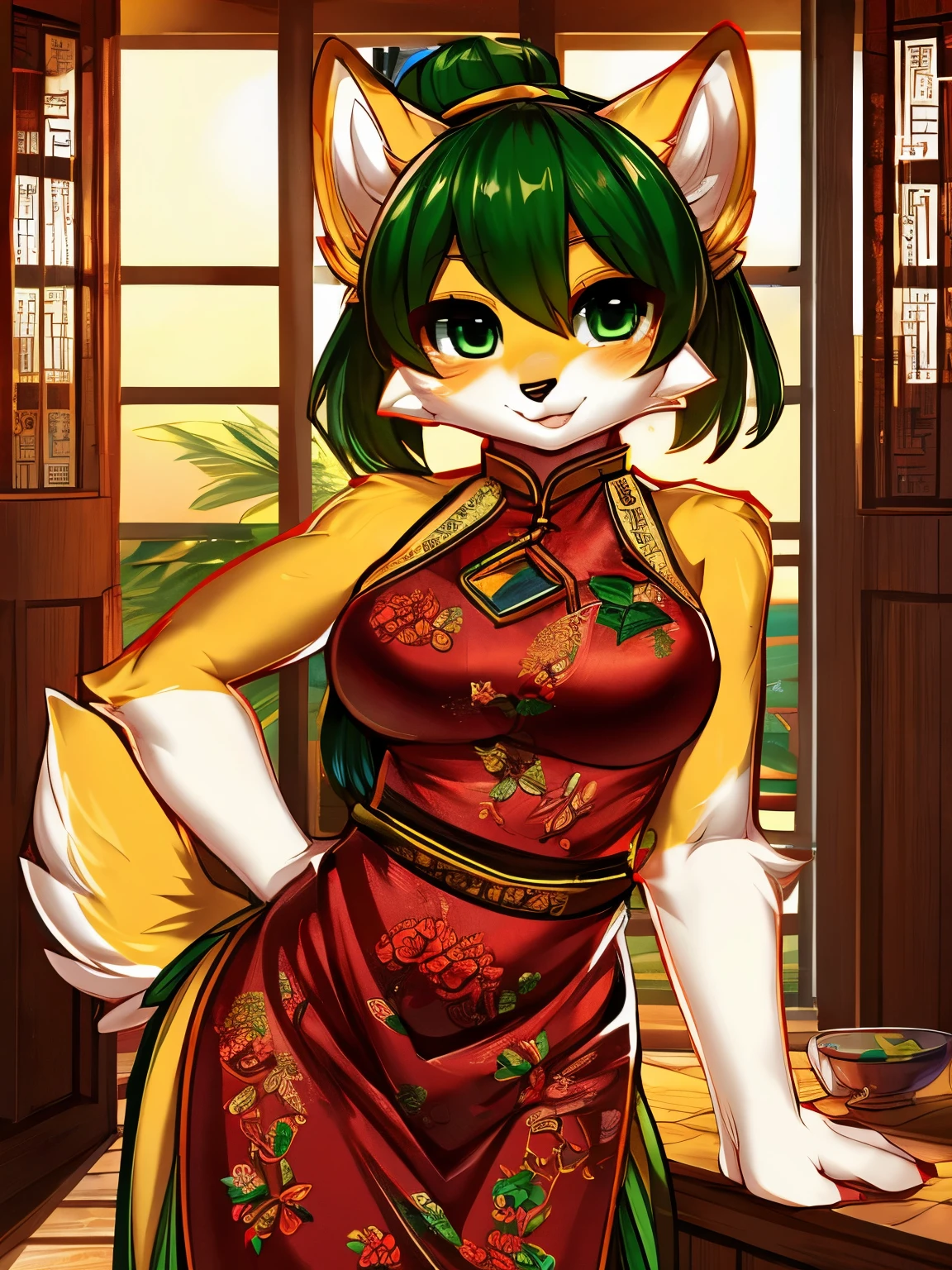 (by pollo chan), green eyes, green hair, orange fur, white fur, anthro, (kemono), furry, chinese dress, sexy pose