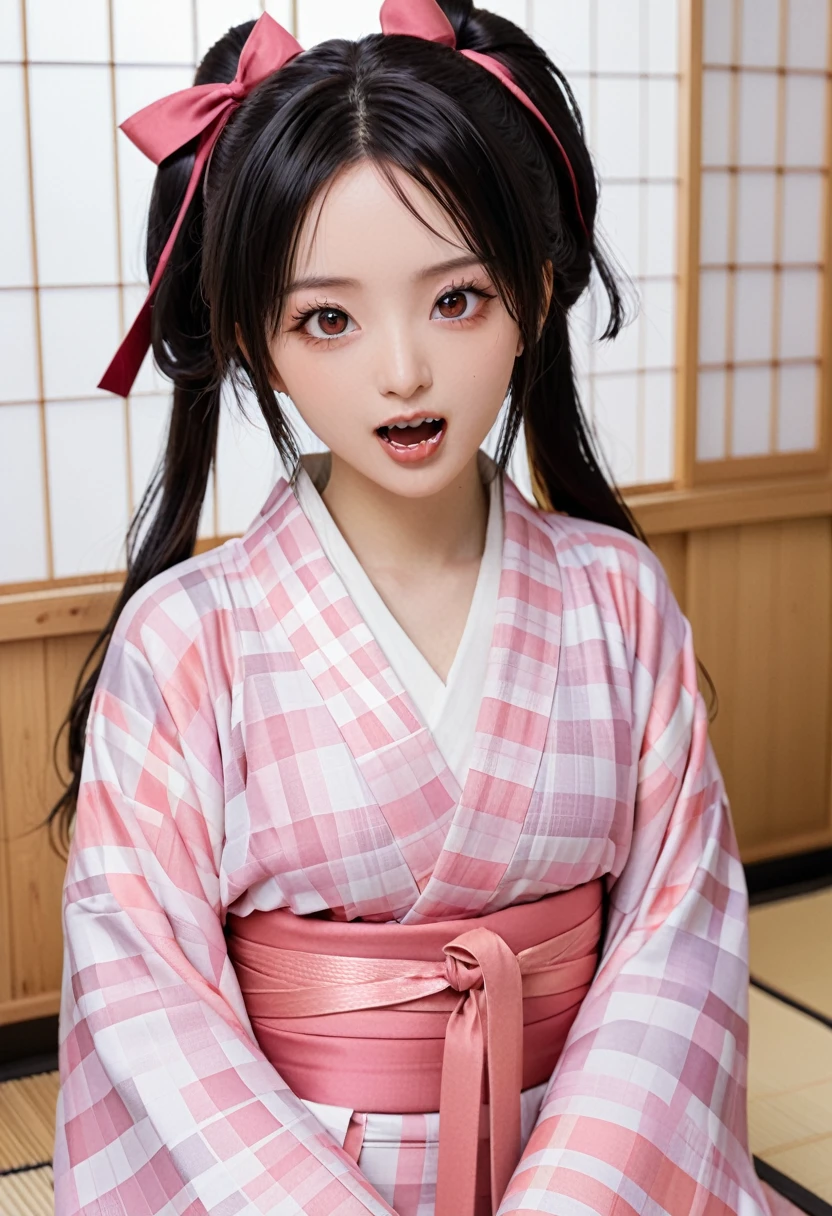 nezukokamado, nezuko kamado, bamboo, (bit gag:1.5), black hair, (forehead:1.5), gag, gagged, hair ribbon, long hair, multicolored hair, (pink eyes:1.5), orange hair, slit pupils, wavy hair, two-tone hair, BREAK asa no ha (pattern), checkered sash, haori, japanese clothes, kimono, long sleeves, obi, pink kimono, sash, wariza, wide sleeves, BREAK looking at viewer, BREAK indoors, BREAK (masterpiece:1.2), best quality, high resolution, unity 8k wallpaper, (illustration:0.8), (beautiful detailed eyes:1.6), extremely detailed face, perfect lighting, extremely detailed CG, (perfect hands, perfect anatomy), ((Semen overflowing from the vagina)), Open mouth. Ahegao. (((Upward rolling eyes))). (((Girl trembling with sexual climax))). (((Stick out the tongue))), Spread legs,