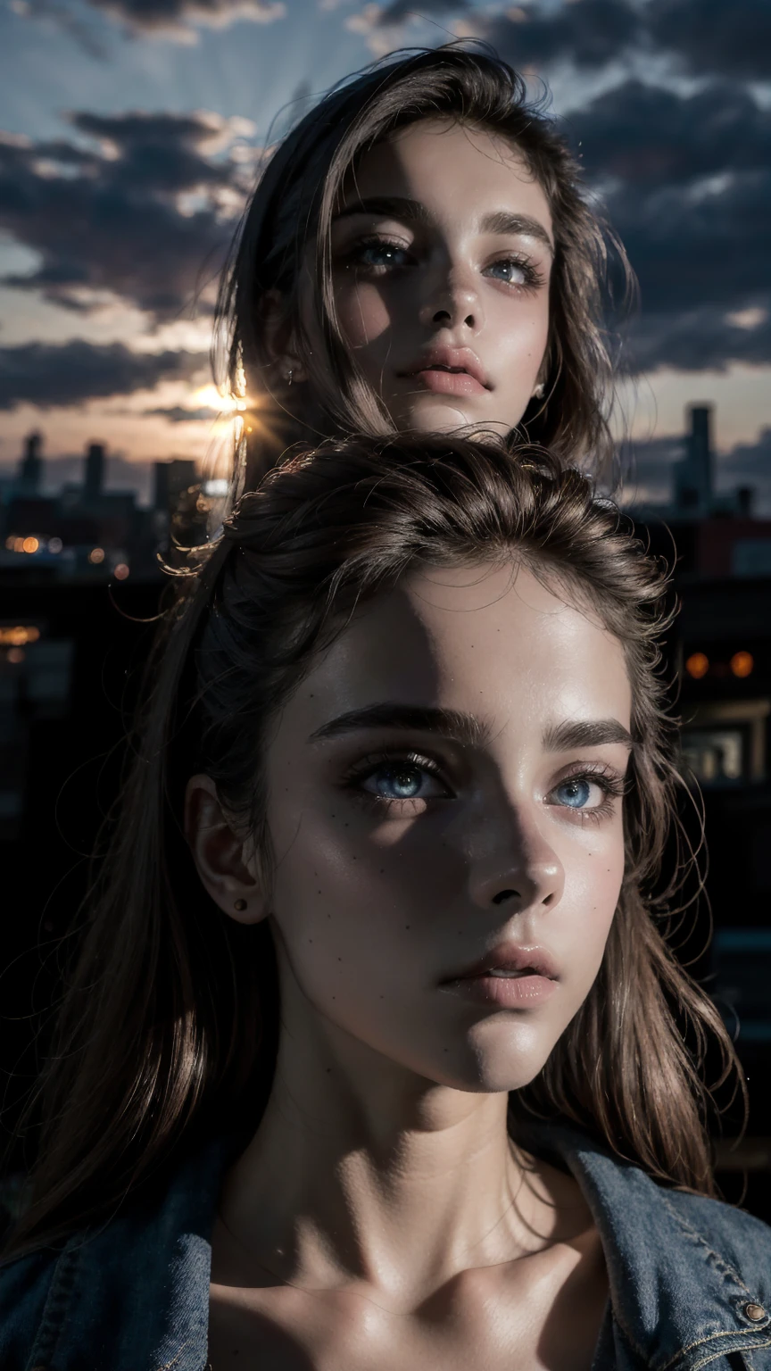 masterpiece, Best Quality, low angle, city at sunset, 1 girl, alone, Pale skin, profile 3/4, cheered up, 3D, hyperrealistic, realist, young girl, sexy, beautiful face, urban style, beautiful, showy, street lights, silhouette, seeds skin, illustration, side glance, foreshortening, 8k extremadamente detallado, seeds, High resolution, ultra quality, very detailed eyes, very detailed mouth, Very detailed face, Perfect eyes, the eyes are the same, true light, Glare, iridescent, global illumination, real hair movement, evening light, real shadow, The real way, High Definition, 2k, 4k, 8k, 16k, luz realist, bright Eyes, purple eyes, fluorescent eyes, dream light