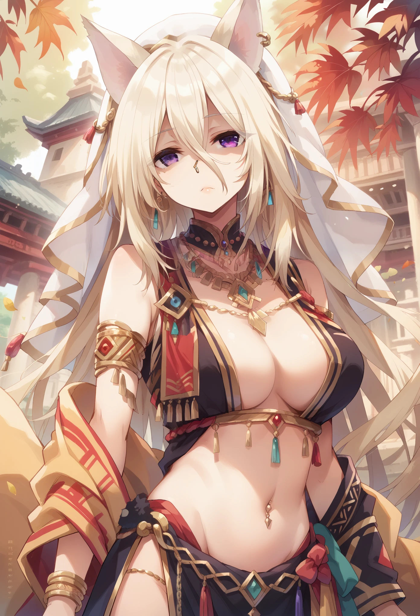 1 girl,short hair,blonde hair,purple eyes,cat ears,big breast,tall woman,full display of temple jewelry, a pair of earrings, necklace, bangles, navel piercing, ring, maang tikka highly detailed vray render, flash, high quality, 18k,, long hair, multicolored dress, hair ornament, golden embroidery, ancient indian, midriff peek, waist jewelry, (nose pin), armlet with golden chains, (close-up), golden shawl with intricate leaf embroidery, embroidered dress, (kamarband:1.1), veil over eyes,best quality,