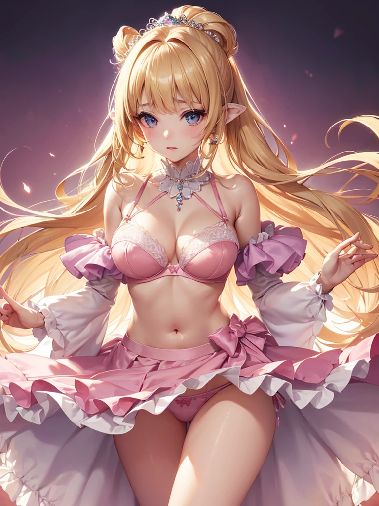 bare breasts、(satin、silk、(bra、panties))、Highest quality, Super Fine, 16K, Incredibly absurd, Very detailed, Beautiful and cute woman, shy, Big, bright eyes, Blonde double-sided princess hairstyle, Princess-like pink ruffled long flare skirt dress, Simple color background