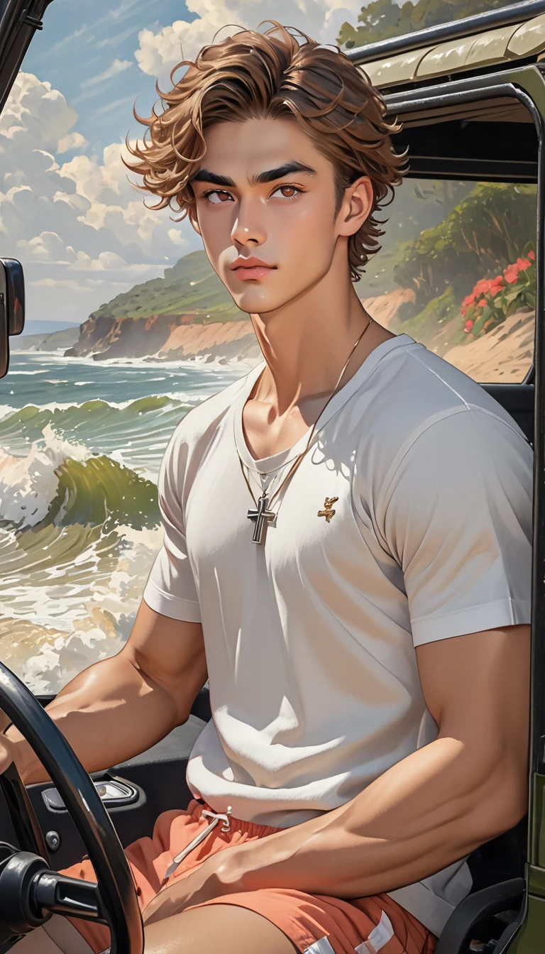 1 male, Impressionist style, Brushwork, hazel brown eyes, sharp brows, long eyelashes, skin tawny, deep tan, curtain bangs, tapered undercut, middle part, textured waves, golden brown hair, highlights, almond eyes, slight upward tilt at outer corners, inside jeep, background inside jeep, holding steering wheel, college male, white fitted t-shirt, silver cross necklace, grey swim shorts, black flipflops, waist up shot, strong facial features, hair is a mop of tousled waves, voluminous hair , Adam's Apple, lower back dimples, canine teeth slightly set back (one chipped), rough and tumble, defined/sharp jawline, faint cleft, high cheekbones, lips (dark coral, plush, deep commissures, Cupid's bow), thick flat brows with a slight arch (nick scar on right), straight nose (narrow bridge), small mole near ear