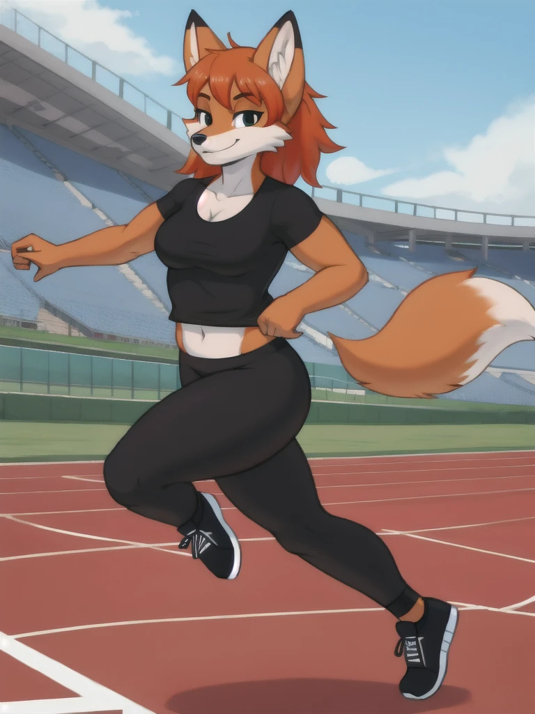 Furry, fox, female, black shirt, black leggings, shoes, running track, solo, full body