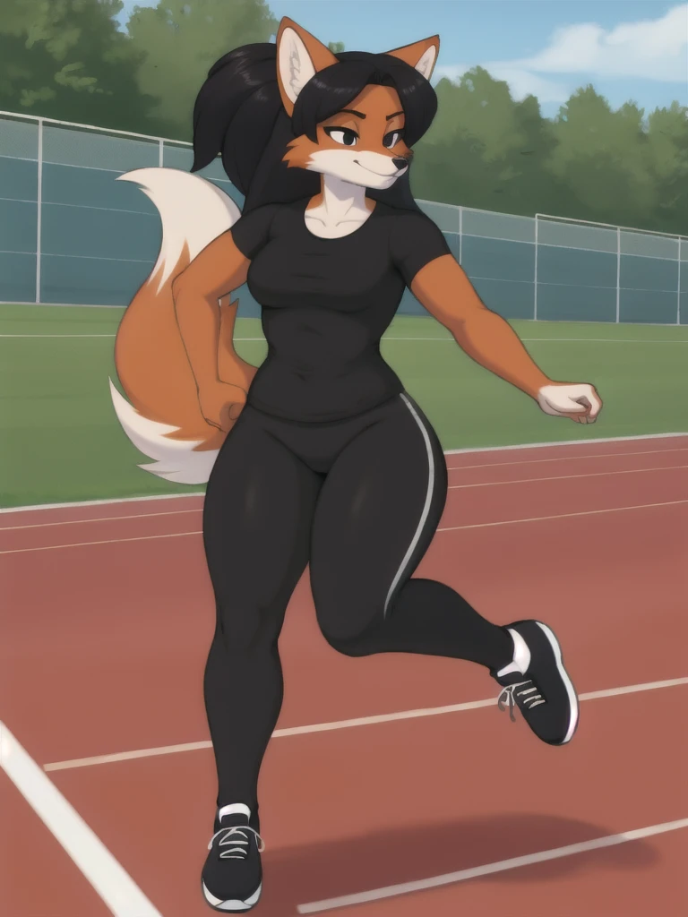Furry, fox, female, black shirt, black leggings, shoes, running track, solo, full body