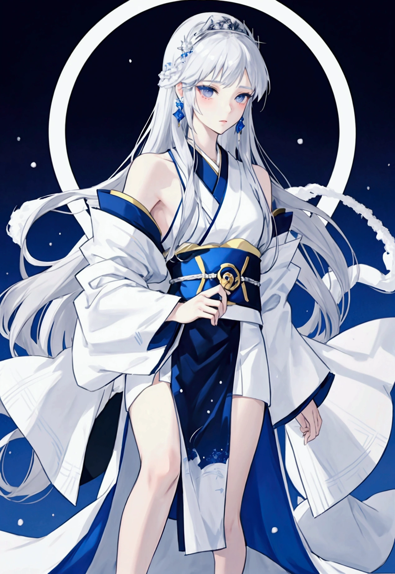 Beautiful snow woman girl, Long silver hair, His shoulders are bare., black eye, White and blue kimono, Thin legs, Princess Yukiko