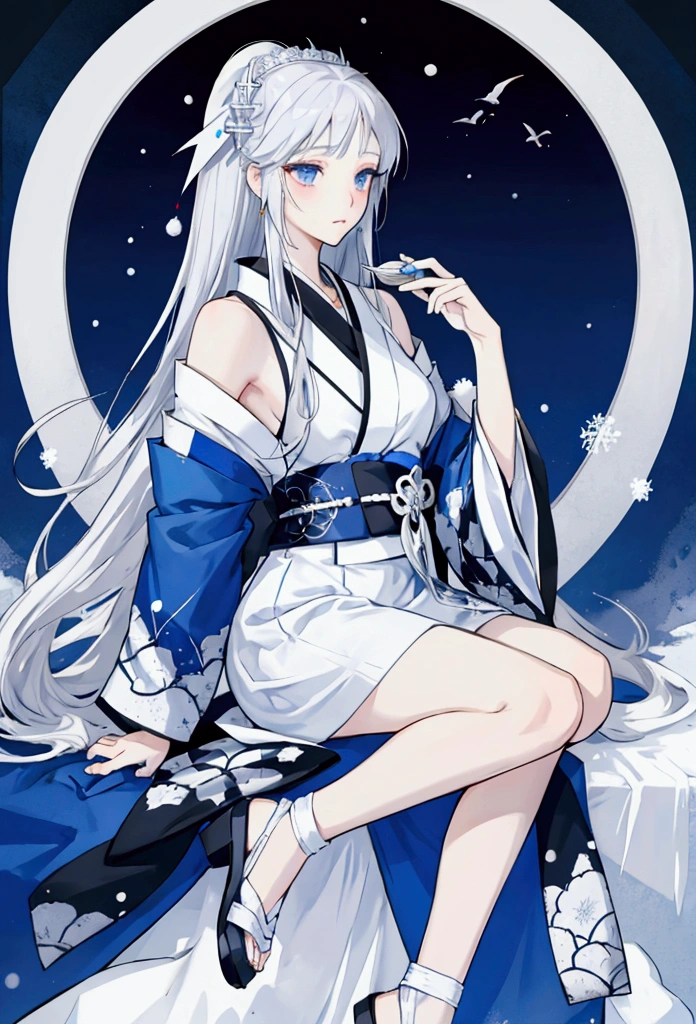 Beautiful snow woman girl, Long silver hair, His shoulders are bare., black eye, White and blue kimono, Thin legs, Princess Yukiko