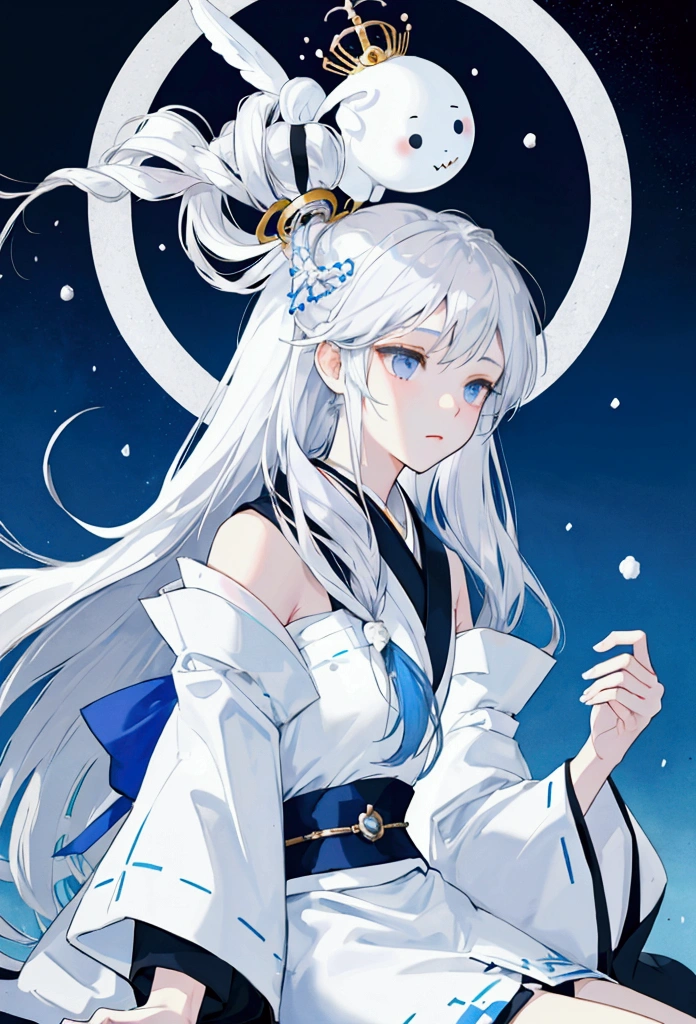 Beautiful snow woman girl, Long silver hair, His shoulders are bare., black eye, White and blue kimono, Thin legs, Princess Yukiko