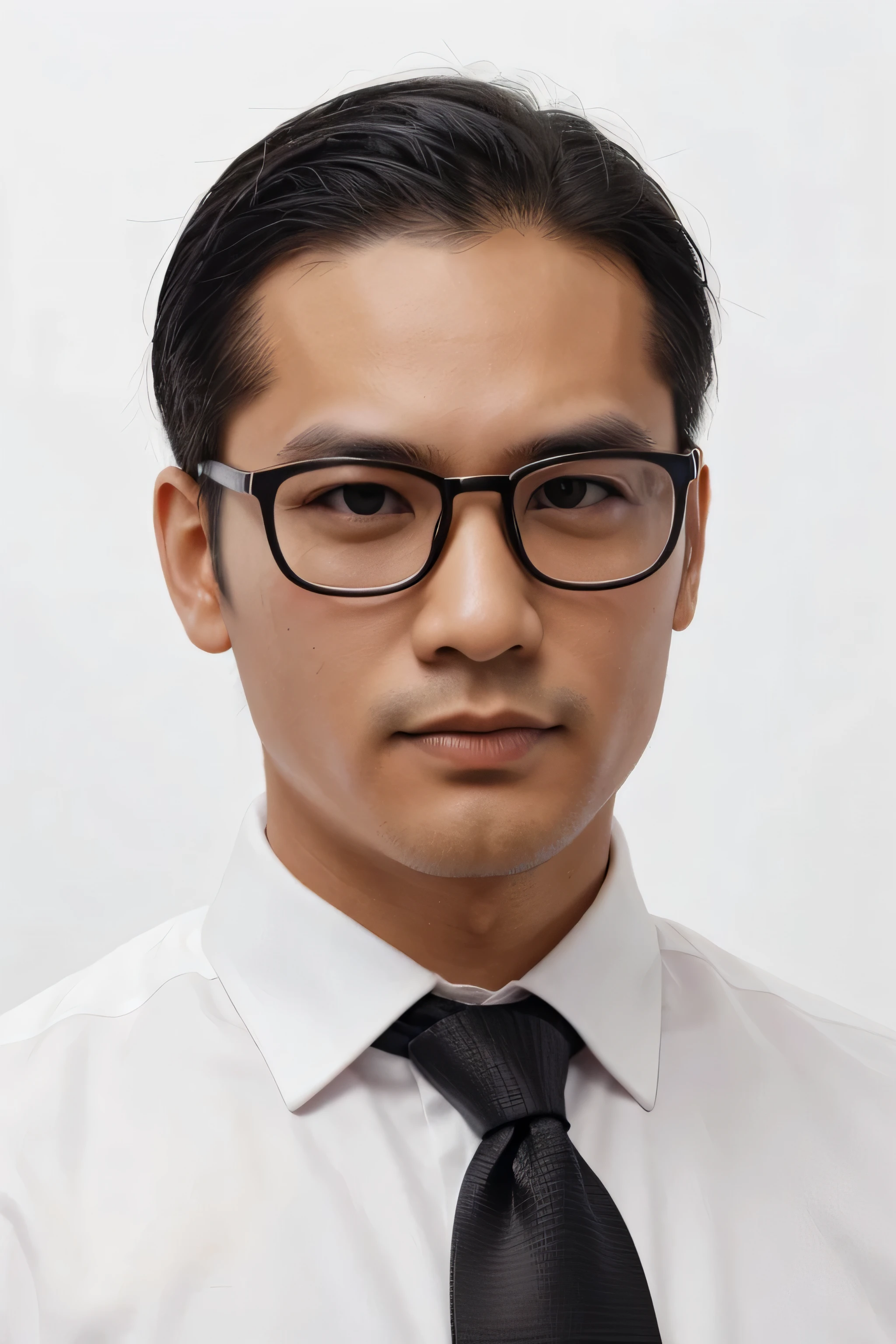Formal portrait photo of a 30 year old Asian man., shirt and tie on white background, big glasses and black hair, short hair slicked back with a right parting