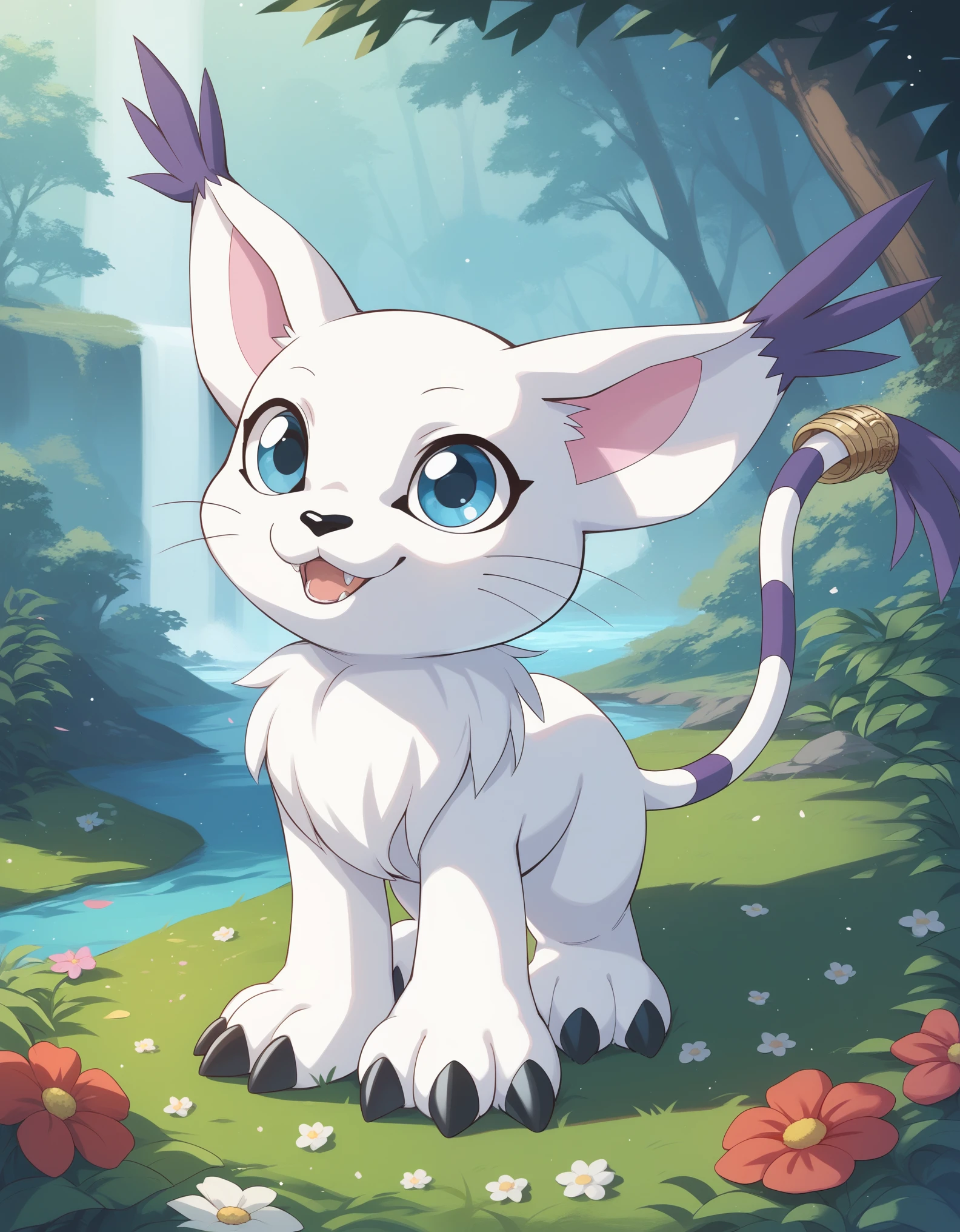  source_furry, absurdres, masterpiece, outstanding,, GATOMON, TAIL RING, RINGLESS, solo, digimon, in a forest, blue eyes, 