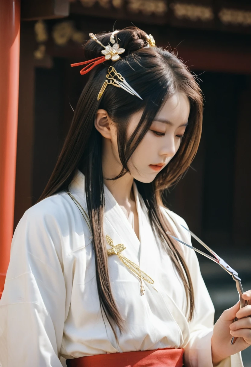 Japanese female priest、The costume is mainly white with red lines running down the shoulders.、Sideways、Holding a pair of silver sewing scissors、Gold hair ornament on the back of the head、Dark brown hair、Straight Long Hair、In the temple grounds、Upper body close-up