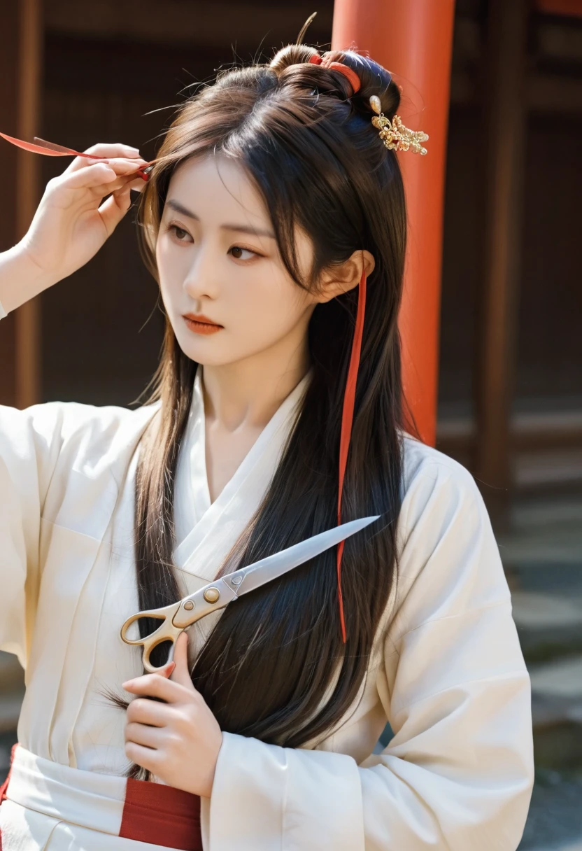 Japanese female priest、The costume is mainly white with red lines running down the shoulders.、Sideways、Holding a pair of silver sewing scissors、Gold hair ornament on the back of the head、Dark brown hair、Straight Long Hair、In the temple grounds、Upper body close-up