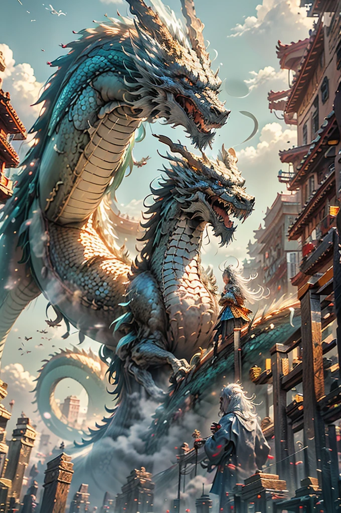 The Chinese White Divine Dragon soared into the air，（Girl manipulates dragons：1.3），（The girl has her back to the camera：1.3），Sky clouds surround the surroundings，Light magic，Fantastic background，Meaning background，Ridiculous background，There are artistic overlayulticolored hair, surrealism, Cinematic lighting, Ray tracing, god light, speed-line, angle of view, hyper HD, Masterpiece, Best quality, Super detail, A high resolution, High quality，（Far view：1.3）
