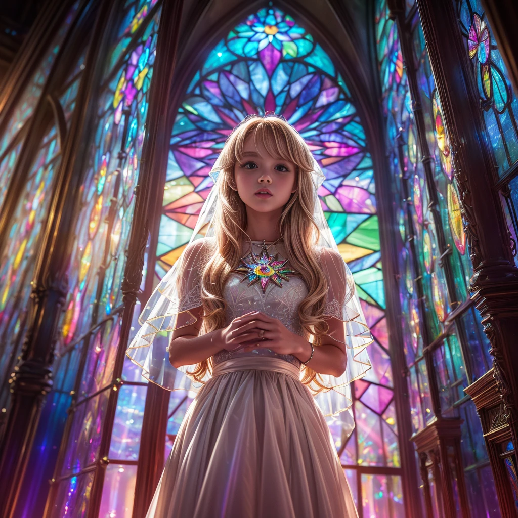 (Cathedral from below:1.28) (ZoomLayer) TopQuality 8K masterpiece of ((Professional photo)), (((Clarisse de Cagliostro))) (Detailed White WeddingDresses), Chain, (((Extremely detailed KAWAII face))) {((VeiledFace))|BlondeHair|(Elaborate BuleEyes)with(SparklingHighlights:1.28)}, The background is distant (((Elaborate stained glass))) Rainbow Glass, {(MysticSight)|EnchantingAtmosphere|Haze|(GodRays)|TyndallEffect}, Radiant PearlSkin with Transparency, (Exposed:0.39)