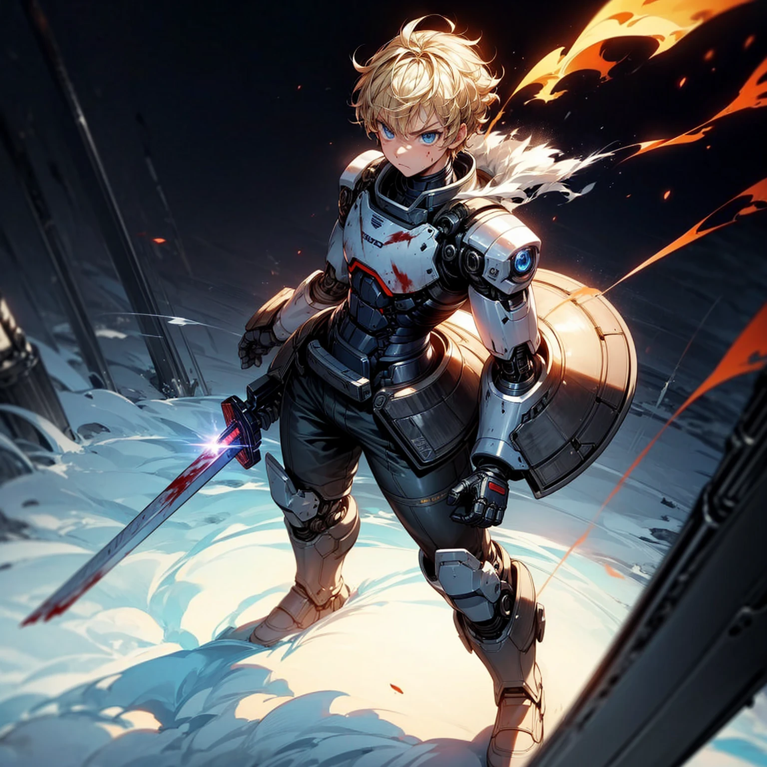 Ultra detailed, full background, Full body version, Grassroots, background in snow field, (solo, boy, cyborg, big muscle, blue eyes, angry eyes, blonde color hair, short Curly hairstyle, pants, Boots), full robotic outfit, high angle view, smoke effect, fire effect, lighting effect on sword, lighting laser, sword robot in hand, lighting gold on sword, plasma effect, blood on background, standing gesture