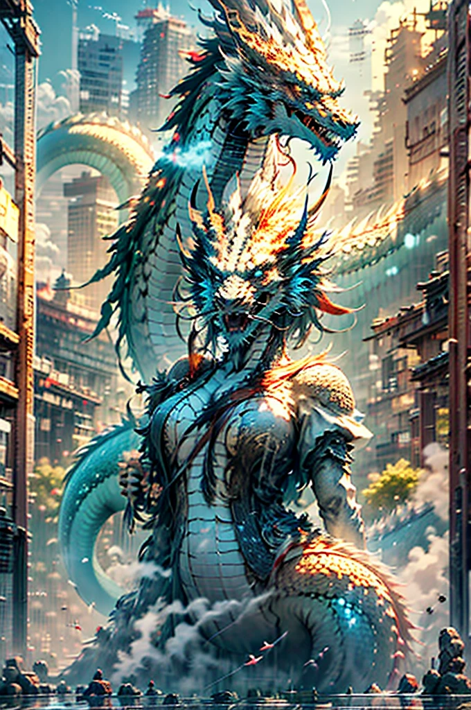 The Chinese White Divine Dragon soared into the air,(Girl manipulates dragons:1.3),(The girl has her back to the camera:1.3),Sky clouds surround the surroundings,Light magic,Fantastic background,Meaning background,Ridiculous background,There are artistic overlayulticolored hair, surrealism, Cinematic lighting, Ray tracing, god light, speed-line, angle of view, hyper HD, Masterpiece, Best quality, Super detail, A high resolution, High quality,(Far view:1.3)