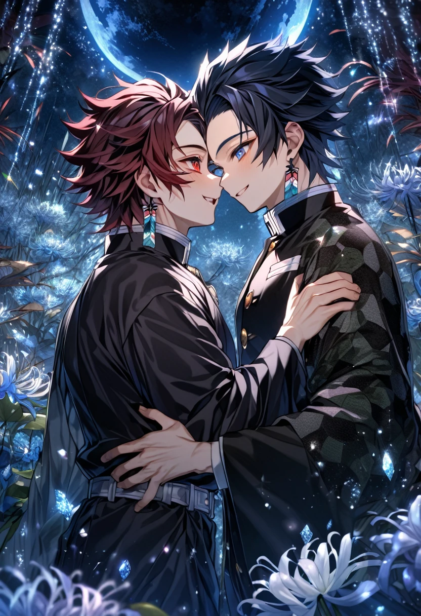 absurdres, highres, ultra detailed, HDR, master piece, best quality, extremely detailed, Kamado Tanjirou, red burgundy hair, expressive red eyes, Kimetsu No Yaiba, Tomioka Giyu, black hair, expressive blue eyes, two sexy men together, yaoi, gay couple, handsome, smile, demon slayer uniform, fantasy, sparkling, blue glittering fireflies, ice, blue blossoms, blue spider lilies, blue sparkling lights, starry sky, magical, crystal, blue moon, cold night