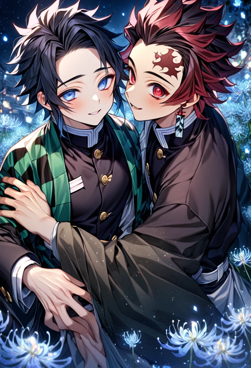 absurdres, highres, ultra detailed, HDR, master piece, best quality, extremely detailed, Kamado Tanjirou, red burgundy hair, expressive red eyes, Kimetsu No Yaiba, Tomioka Giyu, black hair, expressive blue eyes, two sexy men together, yaoi, gay couple, handsome, smile, demon slayer uniform, fantasy, sparkling, blue glittering fireflies, ice, blue blossoms, blue spider lilies, blue sparkling lights, starry sky, magical, crystal, blue moon, cold night