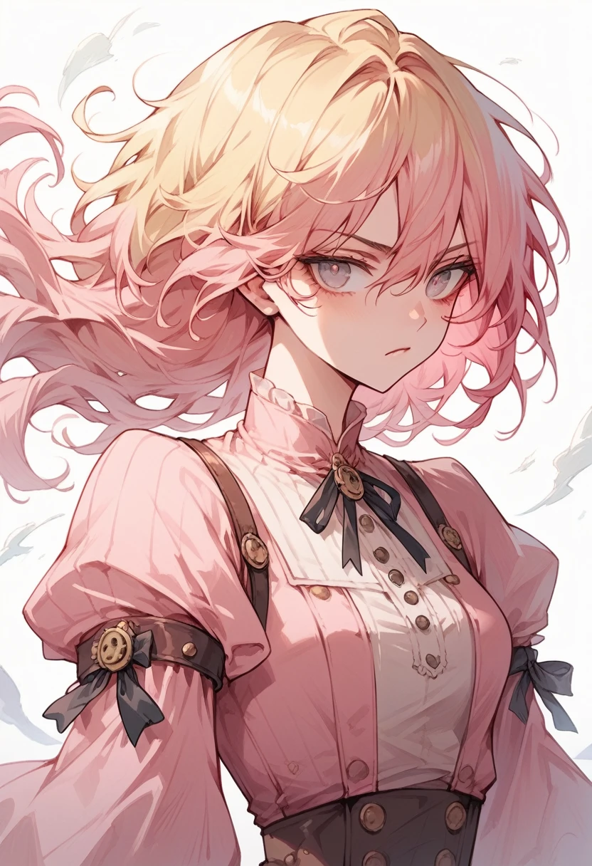 best qualityer, work of art, trunk, Woman, blonde hair blown by the wind, glare eyes, not steampunk style, slim clothes, pink clothes, pink hair
