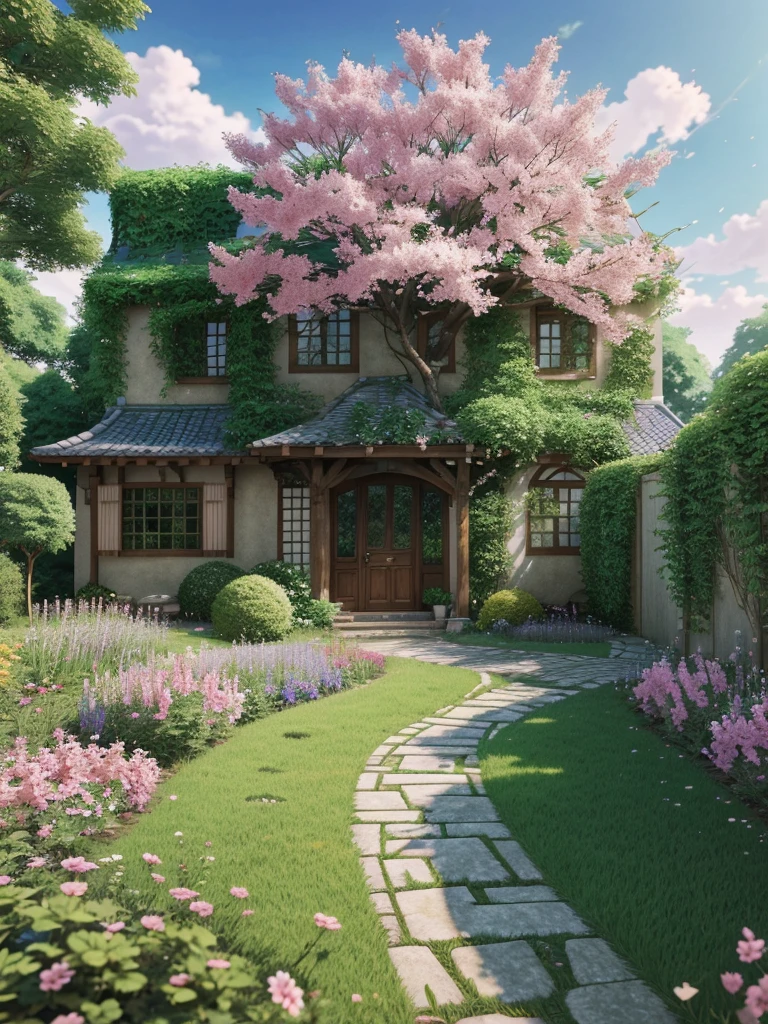 anime house with a garden and a pathway leading to it, anime nature wallpap, anime background art, anime nature, anime background, anime landscape wallpaper, beautiful anime scenery, anime countryside landscape, amazing wallpaper, colorful anime movie background, anime scenery, anime art wallpaper 8 k, anime art wallpaper 4k, anime art wallpaper 4 k, house background