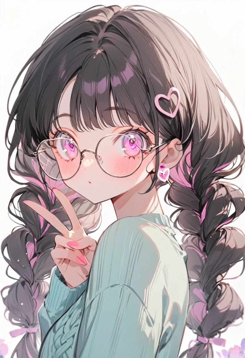 best quality, beautiful, a girl, neutral, making a peace sign, looking at viewer, braids, purple twintail, black hair, pink eyes, with heart-shaped irises, eyes wide open, with heart-shaped eyes, pale skin, sky blue sweater, glasses, teenager, white background, kawaii, upper of the body