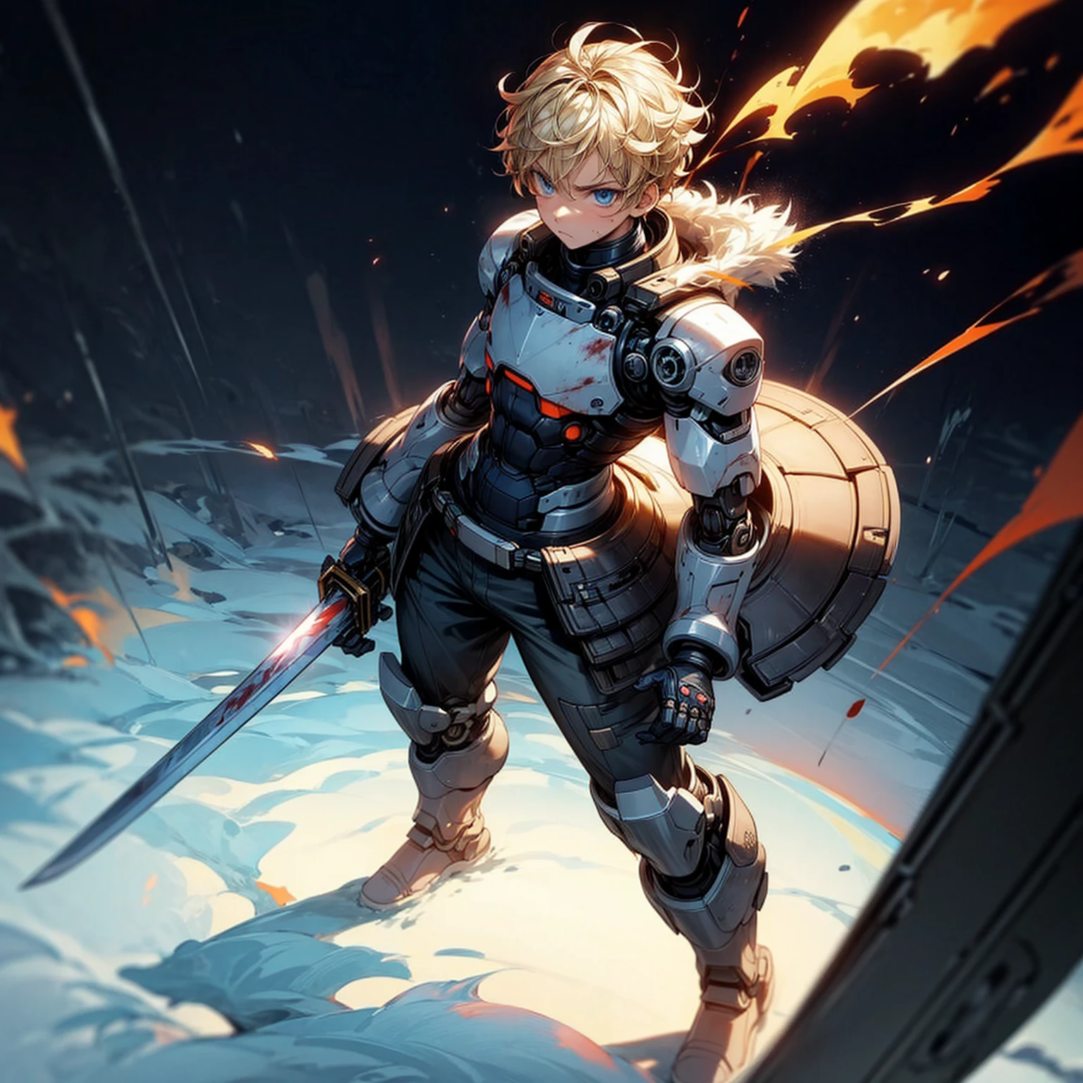 Ultra detailed, full background, Full body version, Grassroots, background in snow field, (solo, boy, cyborg, big muscle, blue eyes, angry eyes, blonde color hair, short Curly hairstyle, pants, Boots), full robotic outfit, high angle view, smoke effect, fire effect, lighting effect on sword, lighting laser, sword robot in hand, lighting gold on sword, plasma effect, blood on background, standing gesture