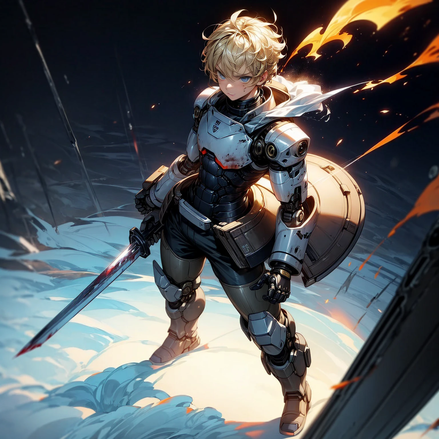 Ultra detailed, full background, Full body version, Grassroots, background in snow field, (solo, boy, cyborg, big muscle, blue eyes, angry eyes, blonde color hair, short Curly hairstyle, pants, Boots), full robotic outfit, high angle view, smoke effect, fire effect, lighting effect on sword, lighting laser, sword robot in hand, lighting gold on sword, plasma effect, blood on background, standing gesture