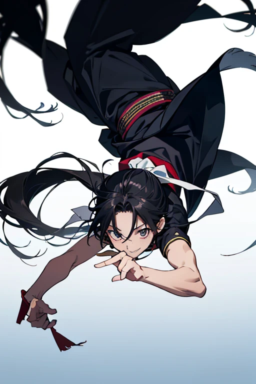 Hojo tokiyuki, sight, Very long hair, Anatomically correct, Very long hair, ponytail, アニメ, 8--old,y, High resolution, falling, Jumping, Black Hair, upside down, Simple Background, smile, Gaze, Rotated, 