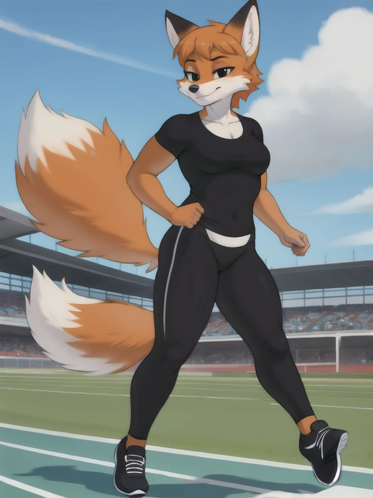 Furry, fox, female, black shirt, black leggings, shoes, running track, solo, full body
