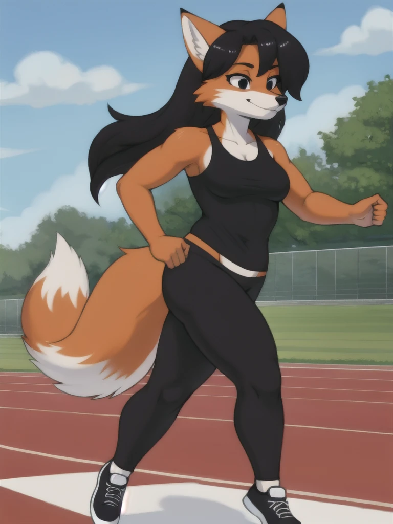 Furry, fox, female, black shirt, black leggings, shoes, running track, solo, full body