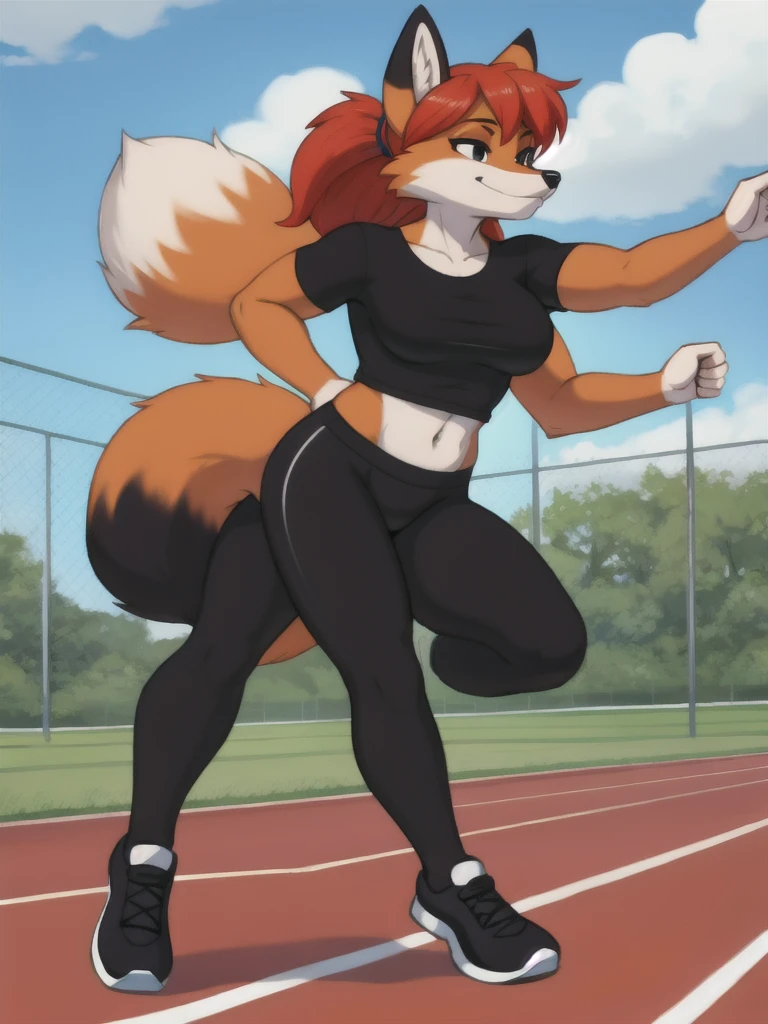 Furry, fox, female, black shirt, black leggings, shoes, running track, solo, full body