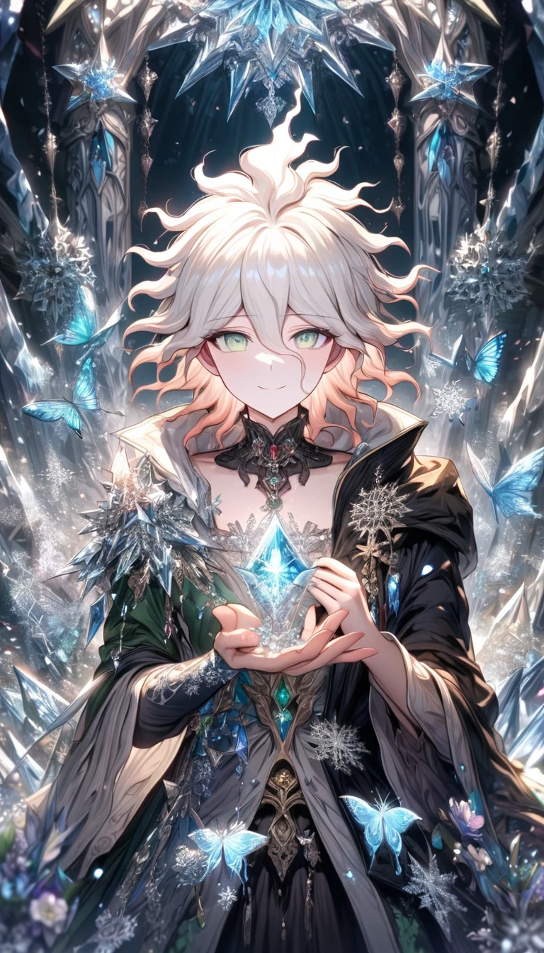 Ultra detailed, HDR, Highres, absurdres, master piece, Komaeda Nagito, white hair, expressive gray-green eyes, Aida, ash blonde hair, expressive light green eyes, black clothes, Danganronpa, ice glittering butterflies, ice, petals, ice pink glass flowers, glittering, fantasy, magical, snowflakes, cold, a handsome man together with a beautiful woman, couple, love, smiling