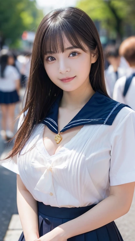 masterpiece,Highest quality,Official Art,Very detailedな CG Unity 8K 壁紙,Japan Female Students,-yeld gi(Cleavage:1.2), Very delicate and beautiful,SuperA High resolution,(Realistically:1.4),Golden Hour Lighting,(Platinum Short Hair:0.8),(Puffy eyes),Tear bags、Looking at the audience,Look forward,smile,(White shirt、Sailor 、Navy blue pleated skirt:1.2), Beautiful and sexy body shape、The shirt accentuates his long black hair.,(Tokyo:1.5), closeup Cleavage, masterpiece, Highest quality, RAW Photos, Realistically, (Cute face like a Japanese idol:1.2), Incredibly absurd resolution, Buatigarh, Depth of written boundary, High resolution, Super detailed, Fine details, Very detailed, Very detailedな目と顔, Sharp pupils, Student, Get into sharp focus, Cinema Lighting