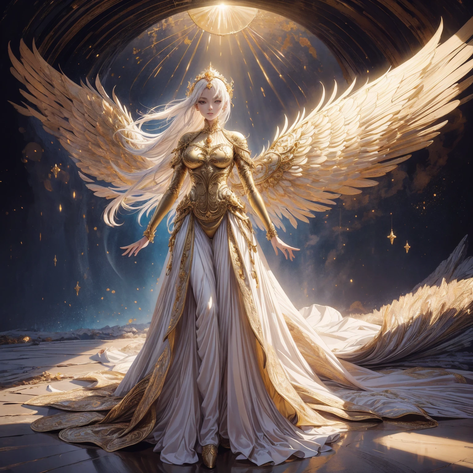 Art of Woman Wearing Sun Crown, Wearing a gorgeous golden breastplate that exposes a small amount of skin above the chest, Wearing a gorgeous golden dress, A pair of giant angel wings taller than the body spread out behind the woman., ancient goddess art, Sacredness. Very detailed, Mysterious inspiration, Inspiration from the Sun God, Religious inspiration, A divine background, Cold and snobbish face, Dangerous expressions, White hair, Standing pose floating in the air, One of the hands holds a brilliant sphere as bright as the sun., Full body portrait, Gothic art style, Weird art style, Occult art