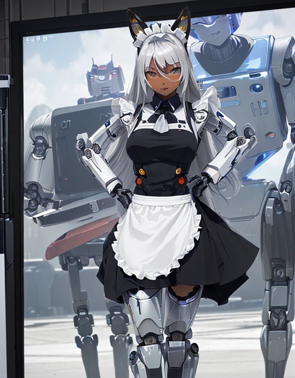 (8k, Realistic, RAW Photos, Highest quality: 1.3), (Fox Girl, Fox Ears, Fox Makeup, One Girl, Long Hair, Alone on the screen, dark skin, High definition, high resolution:1.6), とてもbeautiful, (Realistic Face), (boyish, Silver color very long hair), (maid apron, Black and white clothes, skirt, mecha musume, Machinery Parts,Robot Joints, Only the legs are mechanical suit:1.8), A brilliance that captivates the viewer, beautiful expression, beautiful , (Realistic Skin), beautiful..., bent over