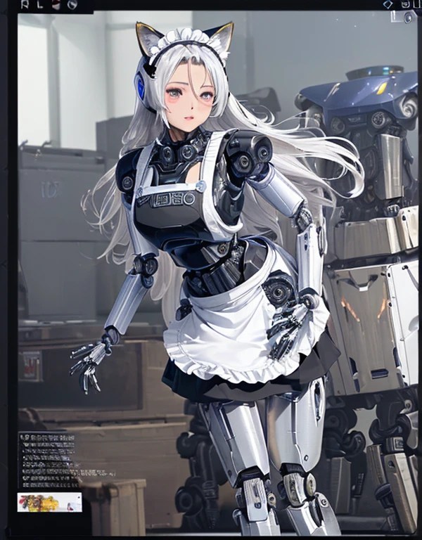 (8k, Realistic, RAW Photos, Highest quality: 1.3), (Fox Girl, Fox Ears, Fox Makeup, One Girl, Long Hair, Alone on the screen, dark skin, High definition, high resolution:1.6), とてもbeautiful, (Realistic Face), (boyish, Silver color very long hair), (maid apron, Black and white clothes, skirt, mecha musume, Machinery Parts,Robot Joints, Only the legs are mechanical suit:1.8), A brilliance that captivates the viewer, beautiful expression, beautiful breasts, (Realistic Skin), beautiful..., bent over