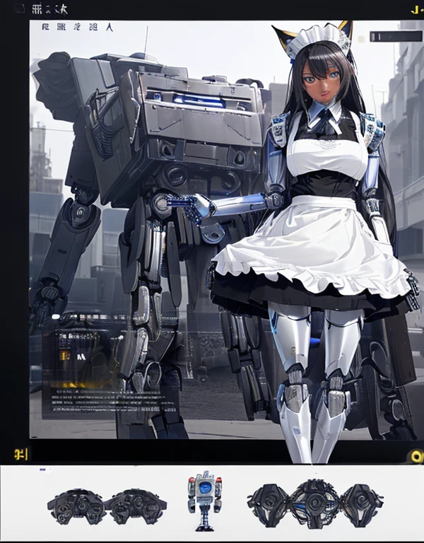 (8k, Realistic, RAW Photos, Highest quality: 1.3), (Fox Girl, Fox Ears, Fox Makeup, One Girl, Long Hair, Alone on the screen, dark skin, High definition, high resolution:1.6), とてもbeautiful, (Realistic Face), (boyish, Silver color very long hair), (maid apron, Black and white clothes, skirt, mecha musume, Machinery Parts,Robot Joints, Only the legs are mechanical suit:1.8), A brilliance that captivates the viewer, beautiful expression, beautiful breasts, (Realistic Skin), beautiful..., bent over