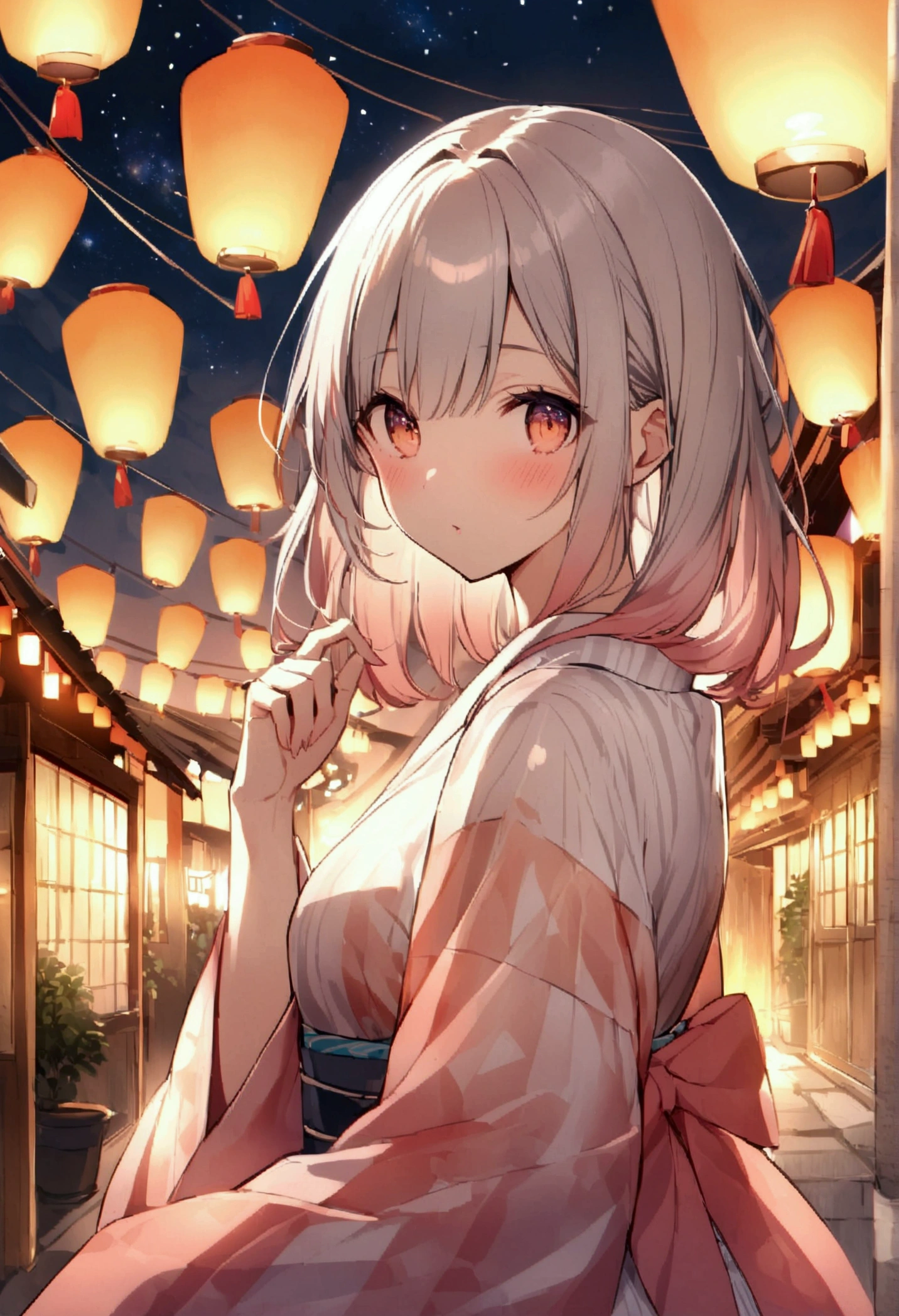 Starry Sky、Lots of lanterns、Floating lanterns、Girl in yukata
