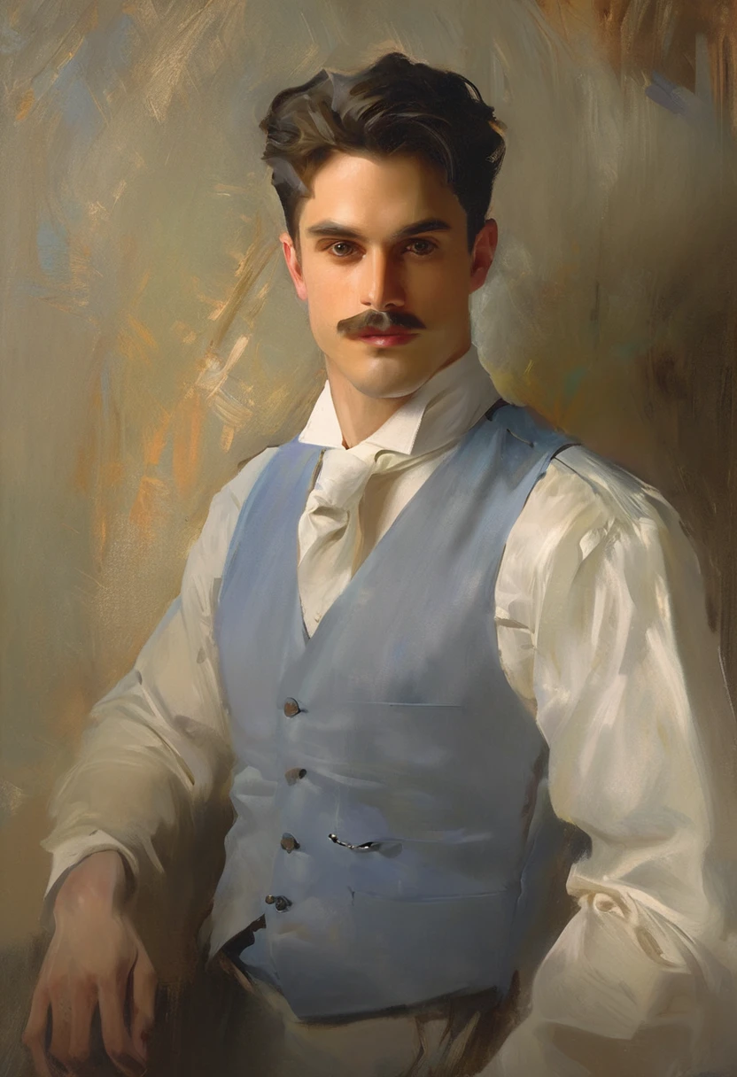 (Sargent style )glamorous portrait of an incredibly handsome man, with stunning masculine features, incredibly beautiful picture, Intricate, Perfect symmetrical face (((Semi-realistic art style, in the center of the canvas, realistic light skin texture))), concept art of an attractive character, Ultra-sharp details, Young adult male, elegant and wise, beautiful masculine feature, fantastic image of light and shadow, complex small parts, Cinematic lighting, Unreal Engine 5 by wlop, by Greg Rutkowsky, loish, rhads, beeple, Makoto Shinkai and Lois van Baarle, illya kuvshinov, rossdraws, Tom Bagshaw, Alphonse Mucha